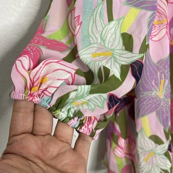 Hutch Floral Printed Ruffled Long Puff Sleeve Pink Mini V Neck Dress Size 10 New - Picture 5 of 9